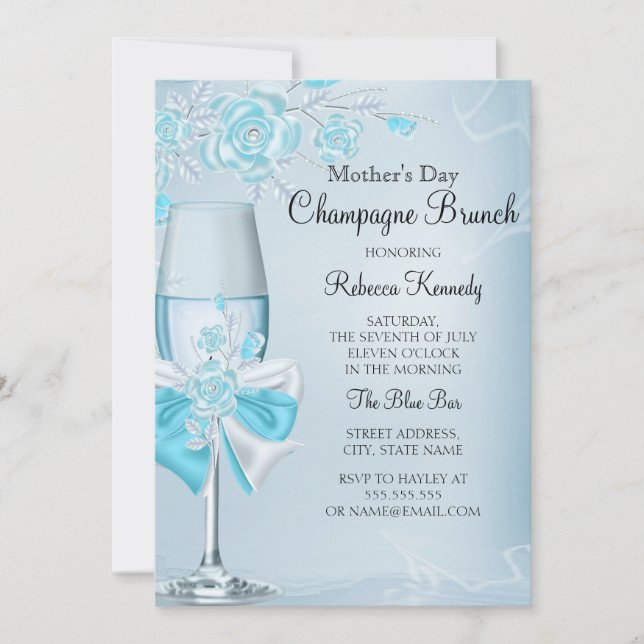Invitation Fête des mères Joli Rose Turquoise Champagne Brunc (Devant)