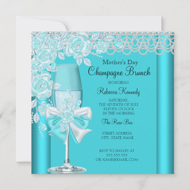 Invitation Fête des mères Joli Rose Turquoise Champagne Brunc (Devant)