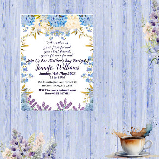 Invitation Fête des Mères Pastel Bleu Petits Fleurs Buds Flor