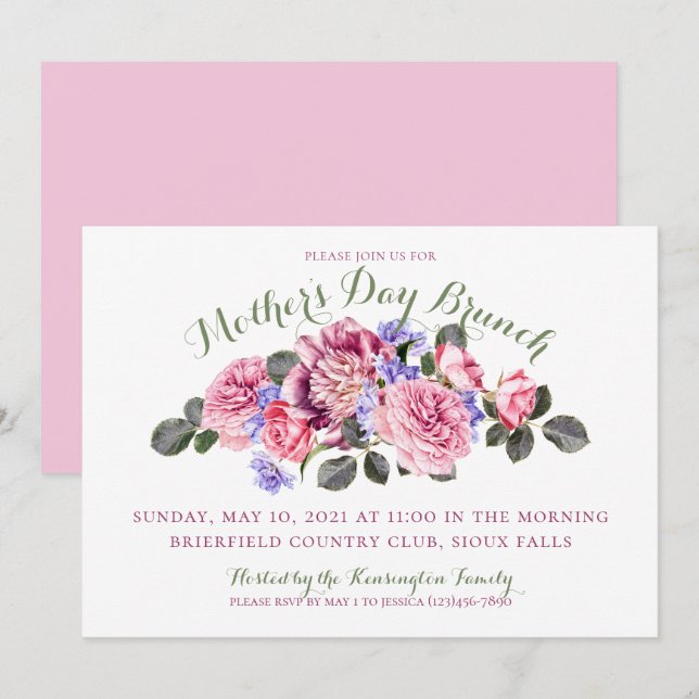 Invitation Fête des mères Pastel Printemps rose Floral (Devant / Derrière)