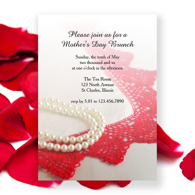 Invitation Fête des mères perles et dentelle rouge Brunch (Créateur téléchargé)