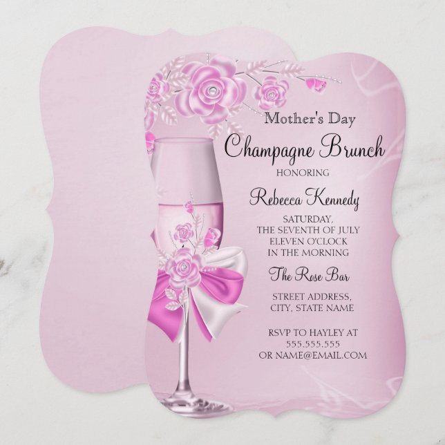 Invitation Fête des Mères Pretty Rose Champagne Brunch (Devant / Derrière)