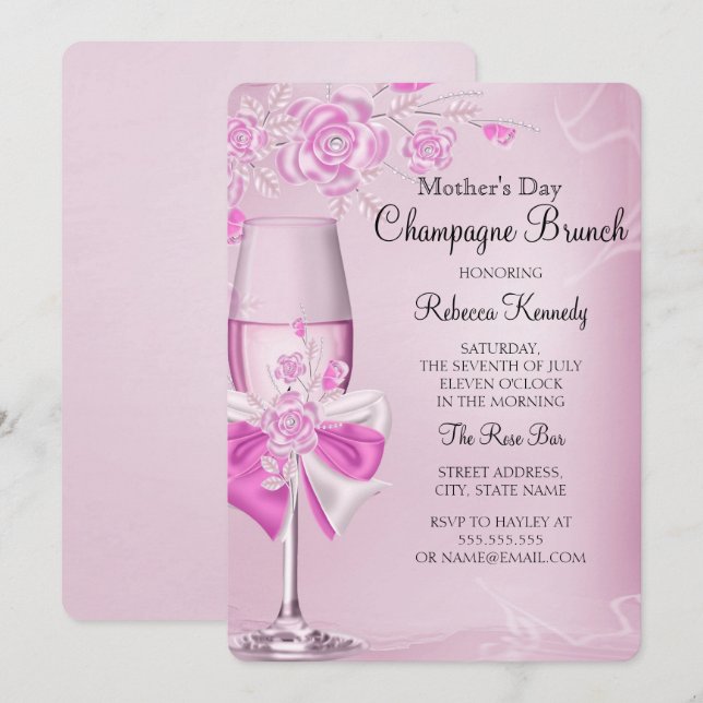Invitation Fête des Mères Pretty Rose Champagne Brunch (Devant / Derrière)