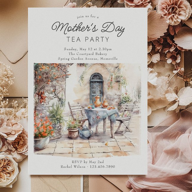 Invitation Fête des Mères Tea Party Aquarelle Jardin Cour (Mother's Day Tea Party Invitation with welcoming watercolor rustic courtyard scene)