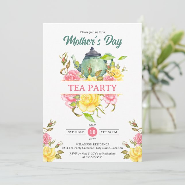 Invitation Fête des mères Tea Party Floral (Debout devant)
