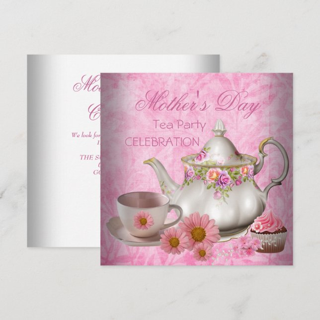 Invitation Fête des Mères Thé blanc rose floral Cupcake (Devant / Derrière)