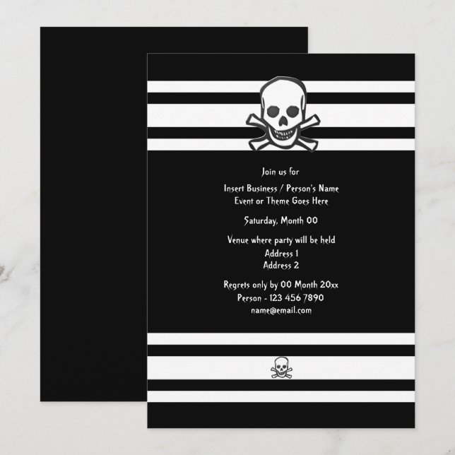 Invitation Fête des os élégants en noir et blanc (Devant / Derrière)