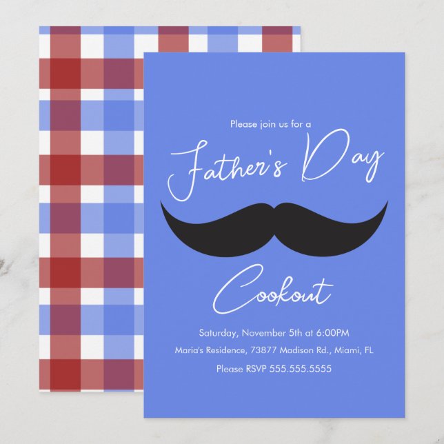 Invitation Fête des pères Cuisine Moustache bleu Plaid (Devant / Derrière)