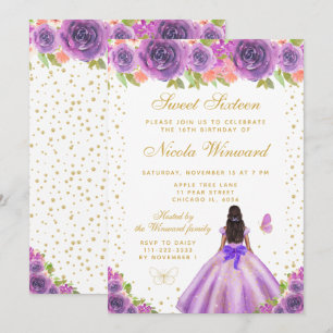Invitation Fête des seize ans Princesse Fleurie Violette Peau