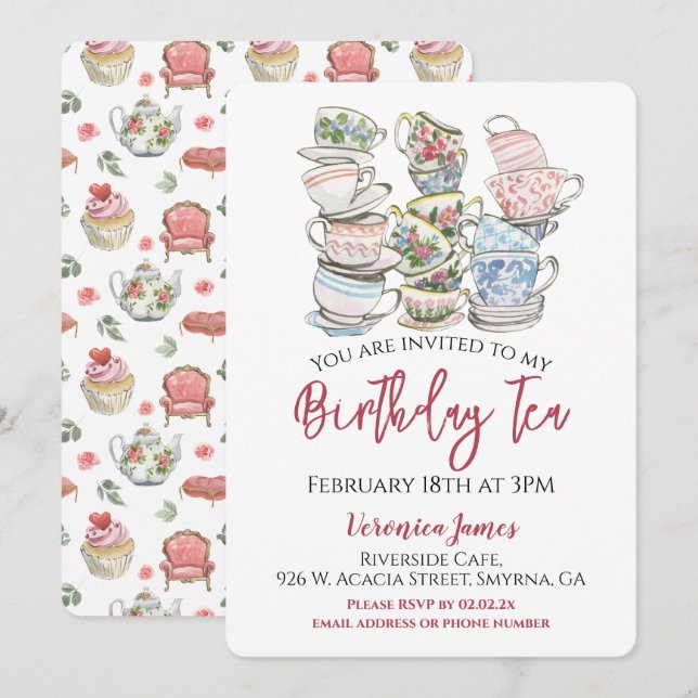 Invitation Fête des tasses de thé d'anniversaire (Devant / Derrière)