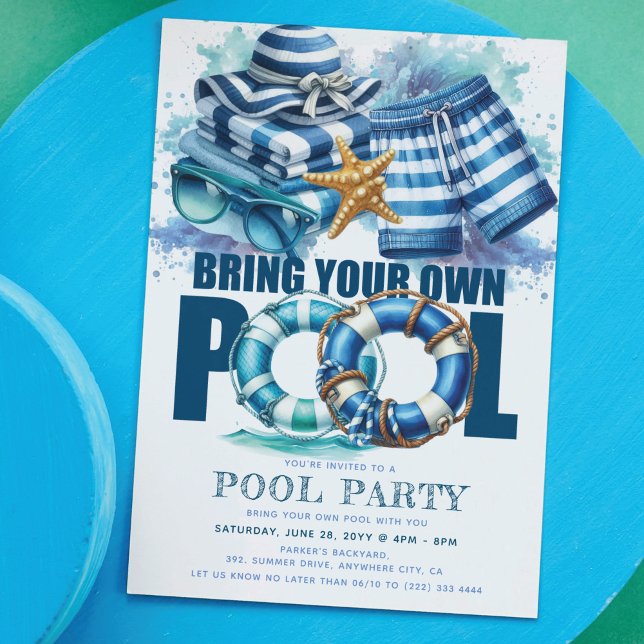 Invitation Fête d'été au bord de la piscine BYO Aquarelle ble (Créateur téléchargé)
