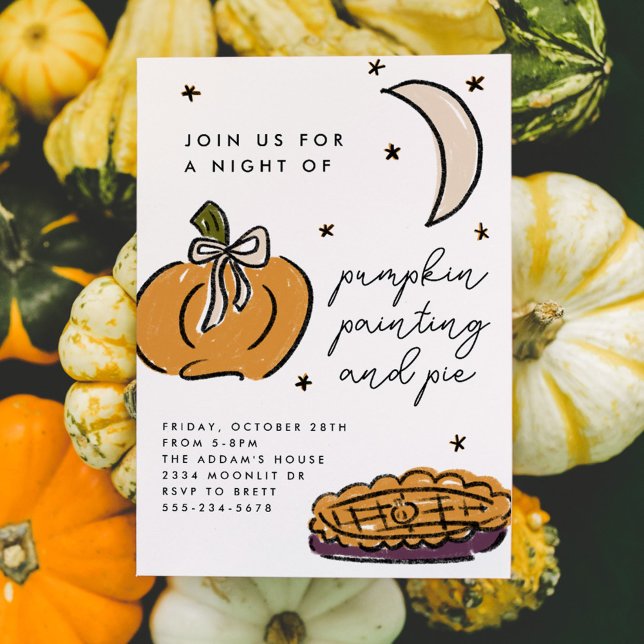 Invitation Fête d'Halloween à la peinture Citrouille illustré (Pumpkin painting and pie illustrated Halloween party invitation.)