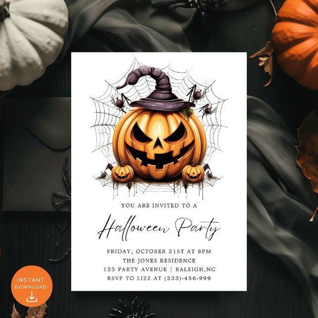 Invitation Fête d'Halloween adulte Citrouille moderne Araigné (Créateur téléchargé)