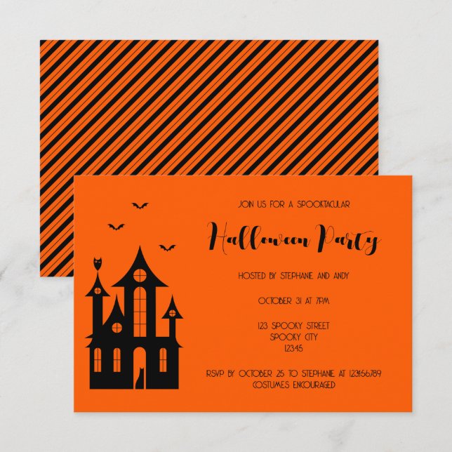 Invitation Fête d'Halloween adulte Maison hantée Black Orange (Devant / Derrière)