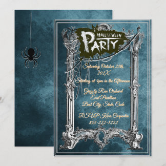 Invitation Fête d'Halloween adulte vintage gothique bleu sini