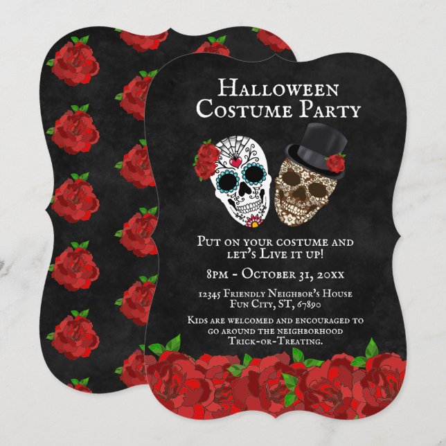 Invitation Fête d'Halloween aux crânes en sucre et roses roug (Devant / Derrière)