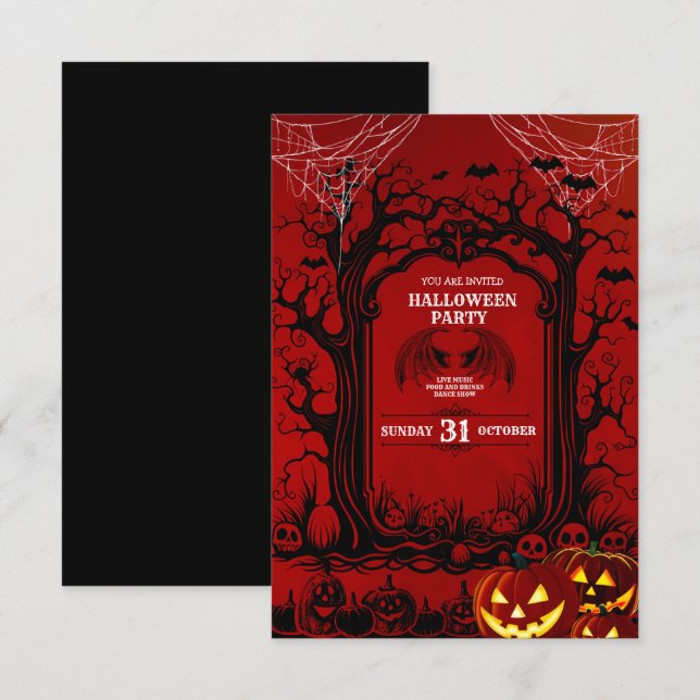 Invitation Fête d'Halloween Black & Red Sinister (Devant / Derrière)