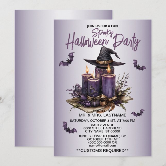 Invitation Fête d'Halloween bougies violettes chauves-souris  (Devant / Derrière)