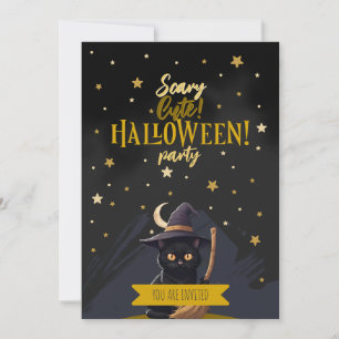 Invitation Fête d'Halloween Casquette de sorcière de chat noi