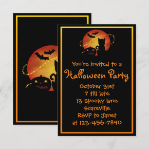 Invitation Fête d'Halloween Chat Citrouille et Chauves-souris