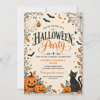 Invitation Fête d'Halloween Chat Noir Citrouille Fantôme Vint