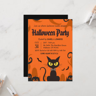 Invitation Fête d'Halloween Chat Noir Fantôme Citrouille Épou