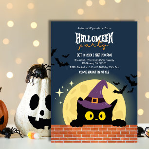 Invitation Fête d'Halloween Chat Noir Lune Chauve-Souris Sorc