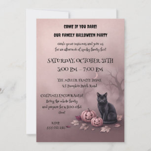 Invitation Fête d'Halloween Chat Noir Vintage et Citrouilles 