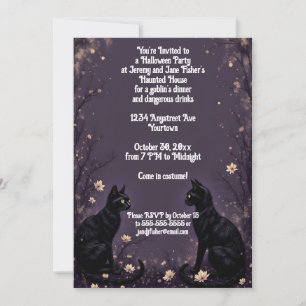 Invitation Fête d'Halloween Chats noirs et fleurs