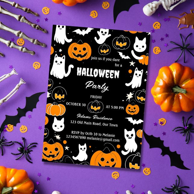 Invitation Fête d'Halloween chats rétro super fantômes citrou (Groovy Halloween party jack o lanterns ghosts cats black template invitation instant download)