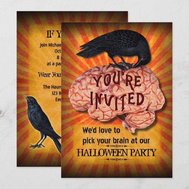 Invitation Fête d'Halloween - Corbeau Déplaisant sur le cerve (Devant / Derrière)