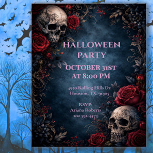 Invitation Fête d'Halloween Crâne Floral de Minuit