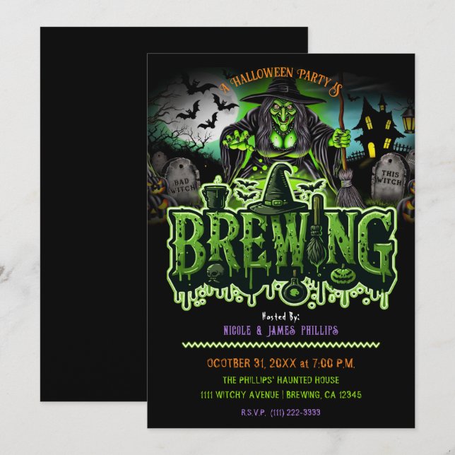 Invitation Fête d'Halloween de la Brasserie Green Witch Grave (Devant / Derrière)