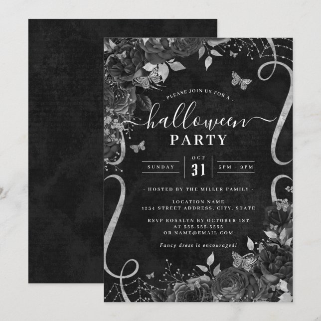 Invitation Fête d'Halloween Éffrayante noire noire (Devant / Derrière)