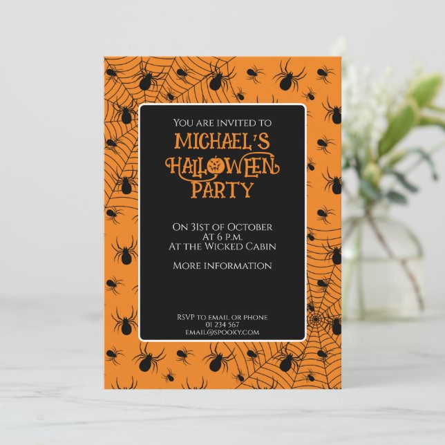 Invitation Fête d'Halloween en orange noir Personnalisé (Debout devant)