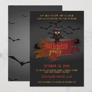 Invitation Fête d'Halloween hibou et chauves-souris