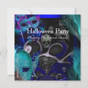 Invitation Fête d'Halloween Masques Bleus Sarcelle Fête de Ma