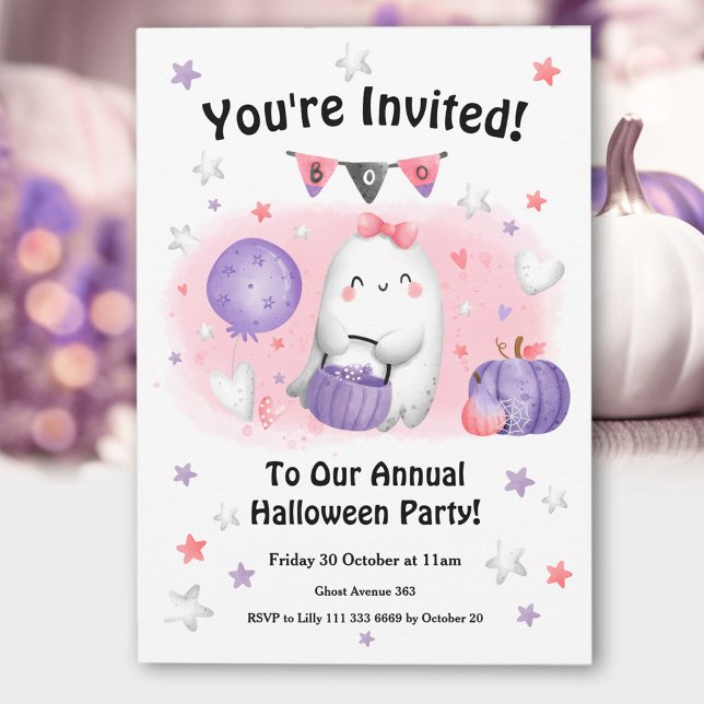 Invitation Fête d'Halloween mignon Fantôme rose violet enfant (Halloween Party Cute Ghost Pink Purple Kids Invitation)