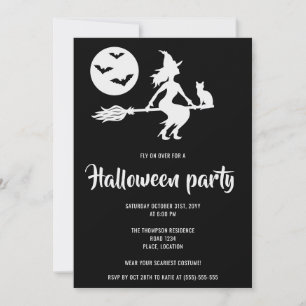 Invitation Fête d'Halloween Minimaliste Sorcière Noir et Blan