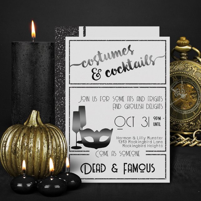 Invitation Fête d'Halloween moderne noir et blanc (Elegant Black And White costumes and cocktails halloween invitations)