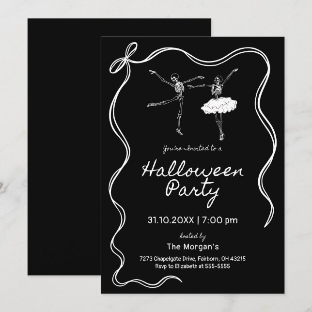 Invitation Fête d'Halloween noir et blanc (Devant / Derrière)