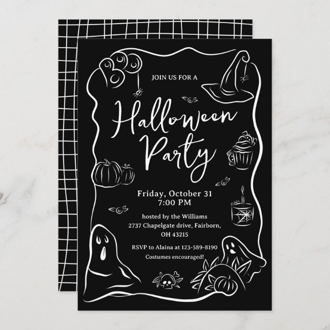 Invitation Fête d'Halloween noir et blanc (Devant / Derrière)