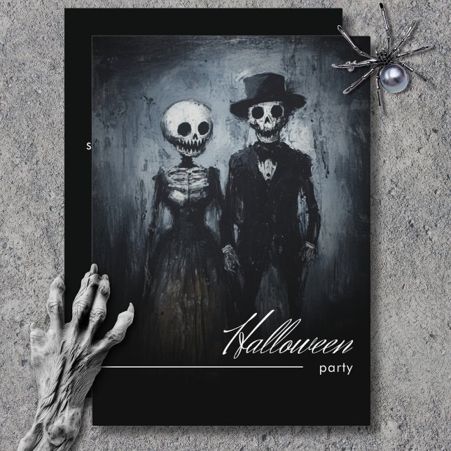 Invitation Fête d'Halloween noir et blanc Ghoul Couple souria (Smiling Ghoul Couple Black & White Halloween Party Invitation)