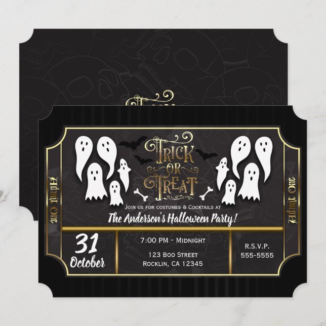 Invitation Fête d'Halloween noir et or pour les fantômes (Devant / Derrière)