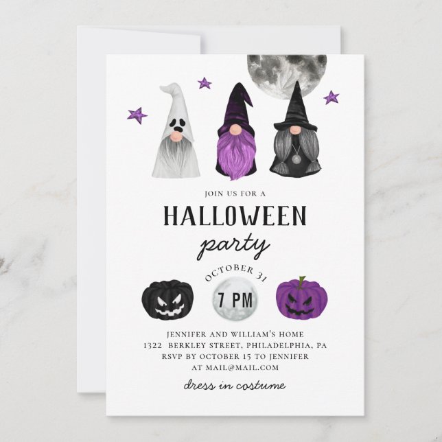 Invitation Fête d'Halloween noir et violet. Gnomes et citroui (Devant)