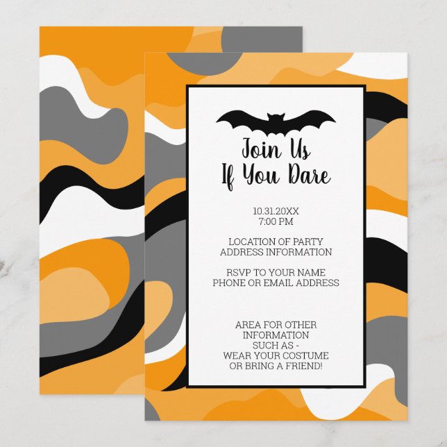 Invitation Fête d'Halloween Noir Moderne, Blanc Orange (Devant / Derrière)
