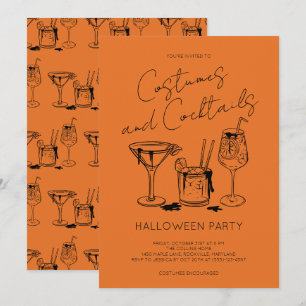 Invitation Fête d'Halloween Orange Costumes et Cocktails