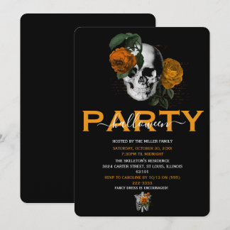 Invitation Fête d'Halloween pour adultes Crâne Floral Orange