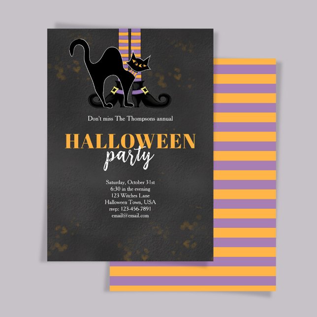 Invitation Fête d'Halloween pour chats noirs et orange (Halloween Party witch and black cat invitation.)