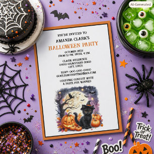 Invitation Fête d'Halloween pour enfants Chat noir mignon Cit